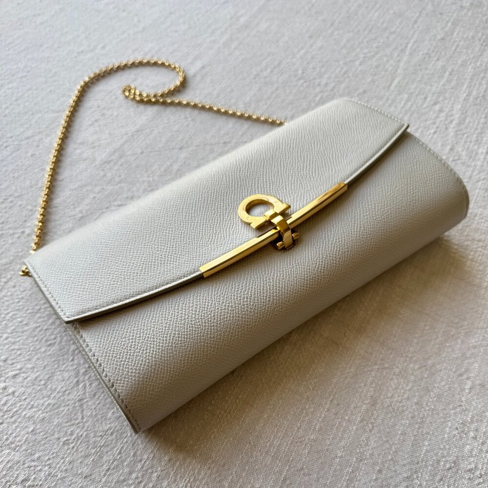 Ferragamo Leather Shoulder Bag/Clutch on Chain, Light Gray